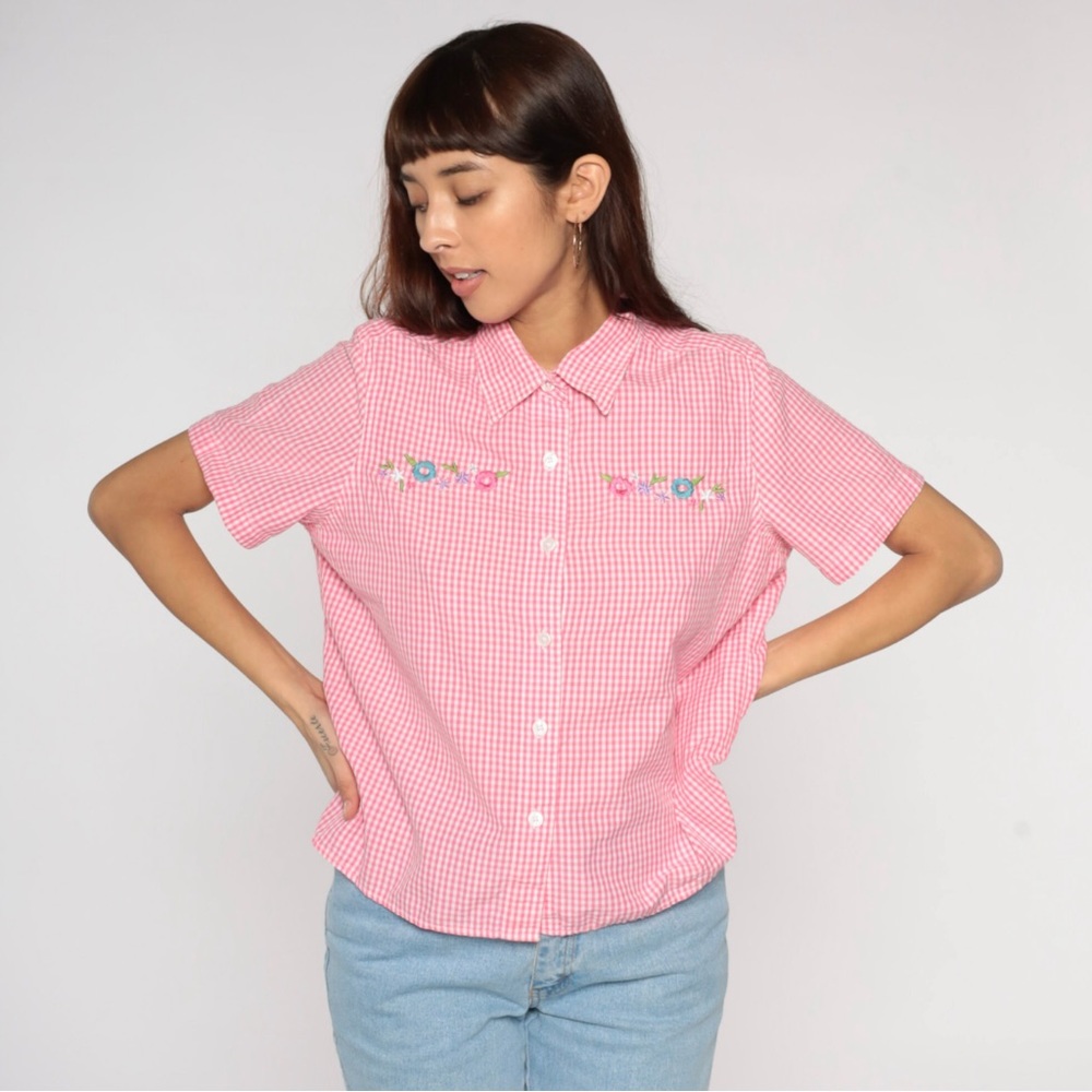 Blair Vintage 90s Gingham Floral Embroidered Picnic Cottagecore Pant Set Pink - Picture 2 of 14